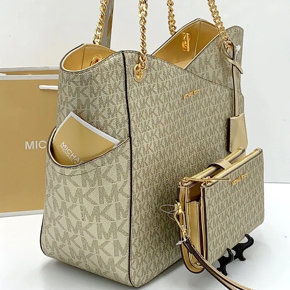 MICHAEL KORS LG  X CHAIN SHOULDER TOTE & Lg Double Zip Wallet PALE GOLD SIGNTR - Picture 3 of 12